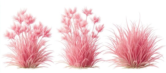 Three vibrant pink grass clumps against a white background.  Different textures and heights