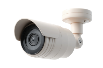 White surveillance security camera with lens focus for outdoor monitoring, cut out