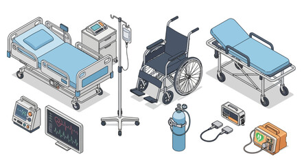 Isometric illustration of hospital medical equipment.