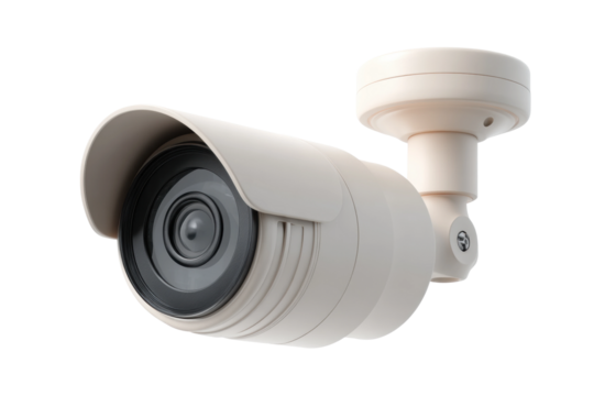 White surveillance security camera with lens focus for outdoor monitoring, cut out