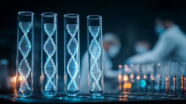 Test tubes etched with DNA helix graphics conveying genomics research pipelines and precision medicine discovery.
