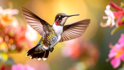 Vibrant hummingbird in flight amidst colorful flowers