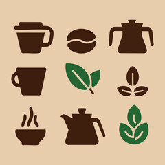 International Coffee Day vector set featuring coffee cups, barista scenes, latte art hearts, coffee beans, and coffee pots in warm tones, perfect for social media and holiday designs.