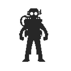 Pixelated silhouette shows a diver wearing scuba gear standing still in digital format