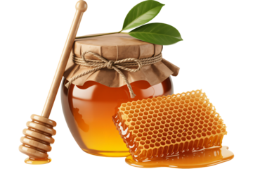Golden honey jar with dipper and honeycomb, natural sweetener treat