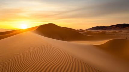 Golden sunset over shimmering sand dunes desert landscape nature photography tranquil environment serene viewpoint natural beauty