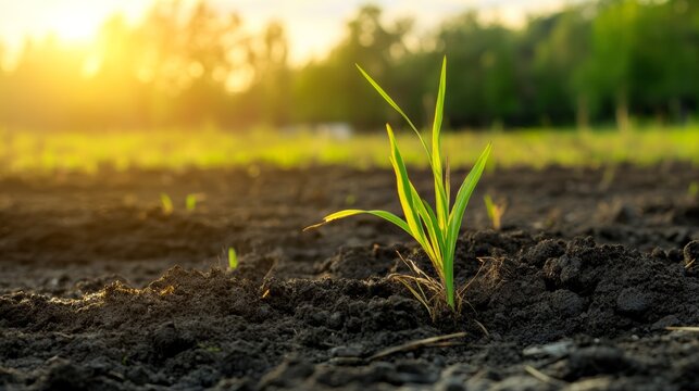 Growing green a young grass sprout emerging from fertile soil at sunrise nature photography outdoor scenic view new beginnings