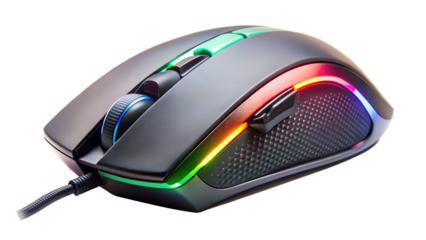 Gaming mouse with rgb lighting isolated on transparent background the mouse has a black matte finish and a braided cable for durability