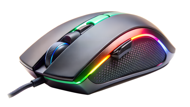 Gaming mouse with rgb lighting isolated on transparent background the mouse has a black matte finish and a braided cable for durability