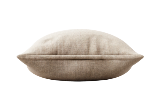 Beige textured round cushion on black background with soft fabric details, cut out