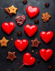 Festive heart-shaped treats on a dark background