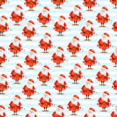 Santa claus figures patterned on striped light blue background. Christmas seamless pattern.