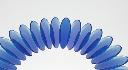 Modern abstract 3D render of ultra-thin transparent rounded glass panels, elegantly aligned in a dynamic smooth half-oval curve formation, symbolizing technological progress and flow.