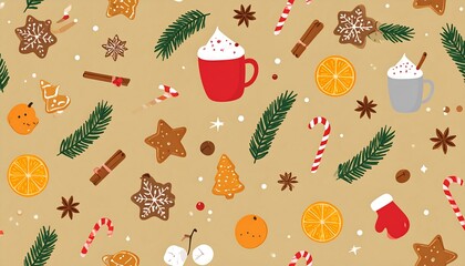 Festive holiday pattern of gingerbread cookies, hot cocoa, and winter treats