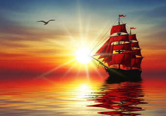Redsailed ship on the ocean at sunset