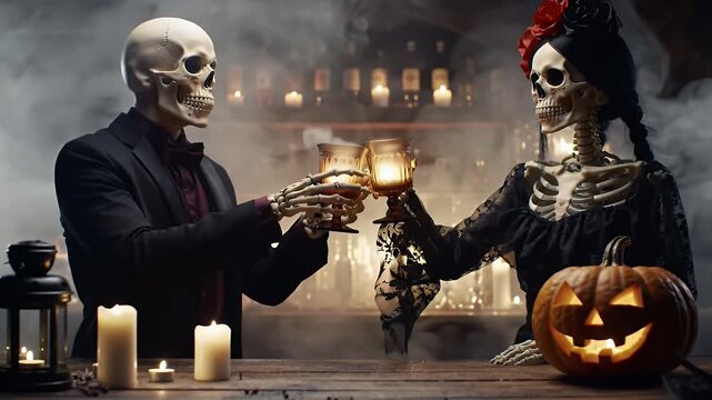 Spooky Toast A Skeleton Couple Celebrates Halloween with a Pumpkin and Candlelit Bar