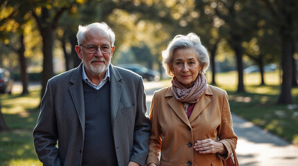 Old couple walking in park on path between green trees on sunny day. Old couple walking in park shows love and unity of partners enjoying warm day together.