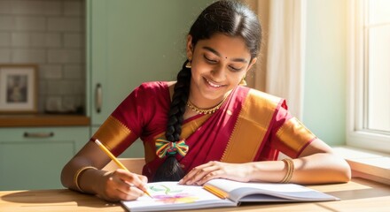 A smiling teenage Indian girl in a beautiful traditional sari, creatively drawing in a sketchbook at a sunlit table at home. Peaceful and warm atmosphere.