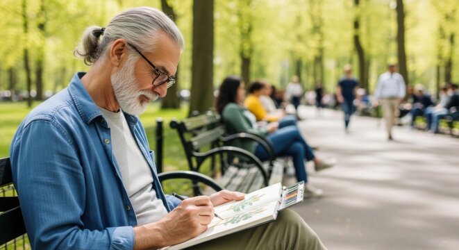 Mature gentleman with gray beard and glasses reading newspaper while sitting on park bench. Peaceful outdoor setting with green trees and people in background.