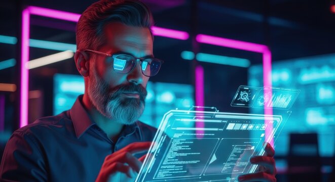 Professional man with beard and glasses using holographic digital interface. Futuristic cyberpunk scene with neon lights and advanced technology concept.