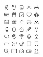 Minimal Line Icons Grid &ndash; Transparent Tech and UI Symbols for Web, App, and Editorial Use