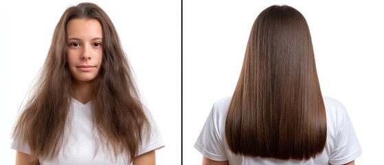 Fototapeta premium Two identical figures with long brown hair stand side by side, both wearing white tops, exuding a serene and calm aura