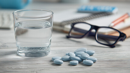 A glass of water beside tablets on a work desk, representing daily medication adherence, healthy routines, and balanced productivity.
