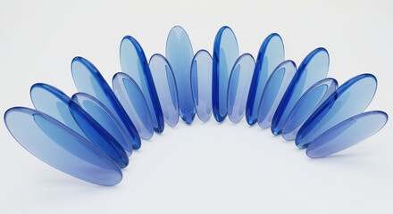 Abstract 3D render of ultra-thin transparent rounded glass panels, meticulously arranged in a sweeping smooth half-oval curve formation, suggesting forward digital movement.