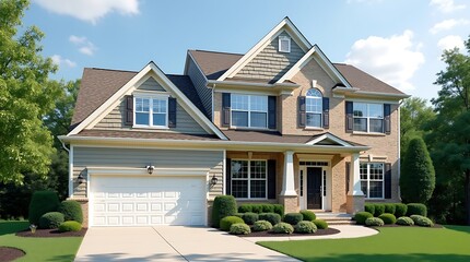 Beautiful two story brick and siding suburban home with a well maintained lawn and mature trees on a sunny day