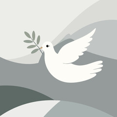 Scalable vector illustration of dove in geometric sky, globe with peace symbols, group holding hands circle, and abstract harmony elements, perfect for International Day of Non-Violence campaigns.