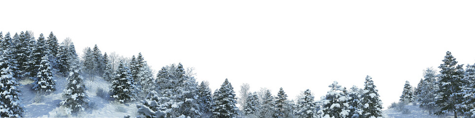 3D render panoramic view of mountains in winter on a transparent background.