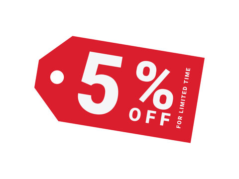 Red sale tag label with 5 percentage off for limited time offer vector illustration