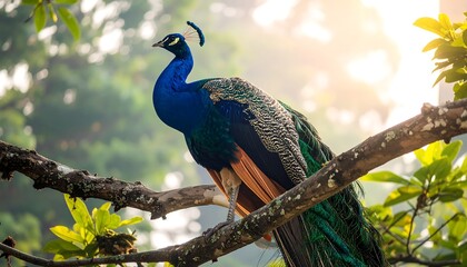 A vibrant peacock perched on a tree branch, bathed in warm sunlight