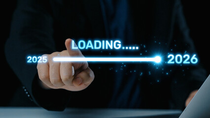 Visualizing the shift from 2025 to 2026. Progress bar symbolizing advancement, strategic foresight, yearly goal-setting, and business transformation for the upcoming year. Elide