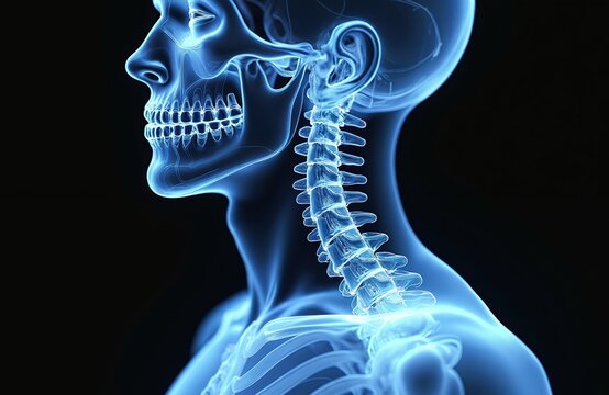 Detailed anatomical illustration of human neck with cervical spine, throat structures in 3D rendering. Shows skeletal system, bones, throat organs, pharyngeal system, breathing pathway. Medical,