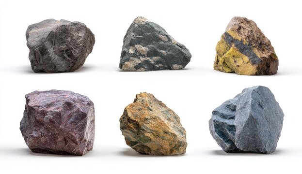 Assorted raw rocks displayed against a white background.  Different shapes,  colors, and patterns of various stones.  Close-up view