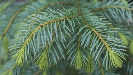 Close-up view of a lush green evergreen tree branch with needles