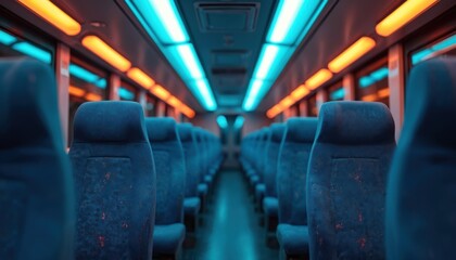 Fototapeta premium Empty bus interior with rows of blue seats. Overhead lighting in blue, orange creates modern, futuristic ambiance. Clean, well-lit vehicle offers comfortable seating for intercity travel, tourism,