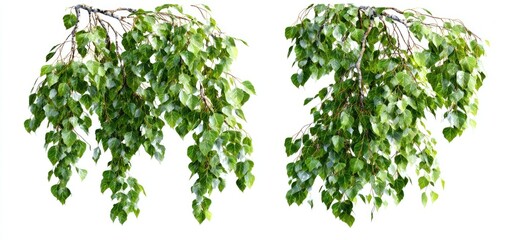 Fototapeta premium Two weeping branches laden with fresh, vibrant green leaves against a white background