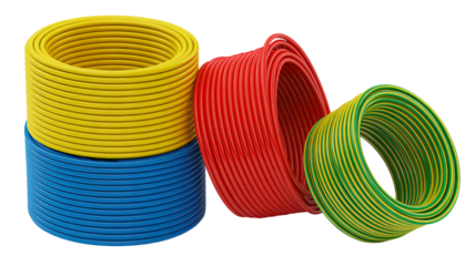 Vibrant electrical wire rolls in blue, yellow, red, and green for industry