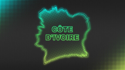 Neon Blue-Yellow C&ocirc;te d'Ivoire Map Outline Futuristic Glow Halftone Illustration