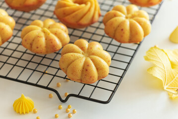 Autumn-Themed Mini pumpkin Cakes with Seasonal Decorations on White Background