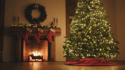 Cozy christmas fireplace and lit tree warm holiday scene
