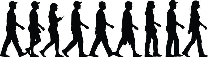 Group of diverse people walking. A line of men and women walking in various poses, side view vector illustration