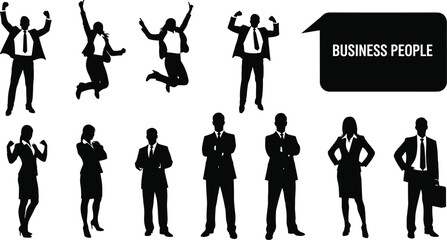 Happy business people silhouettes. A group of excited business men and women celebrating success, isolated on white background