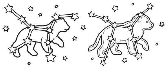 Two stylized line art illustrations of a cat constellation with stars and starry background representing the night sky © SaHeD
