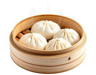 Traditional Chinese steamed dumplings in bamboo steamer isolated png transparent background