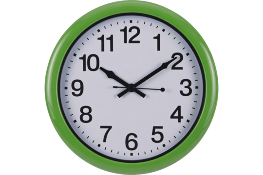 Modern green wall clock showing 10:10, perfect for time management