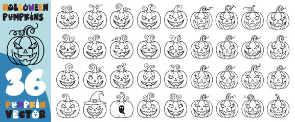 Obraz premium Collection of 36 hand drawn halloween pumpkin stencils with various spooky faces and designs for carving and decorating