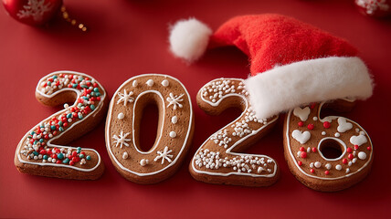 Gingerbread 2026 with a Santa hat and icing details, celebrating playful sweetness, tradition, and a cheerful countdown to new beginnings.
